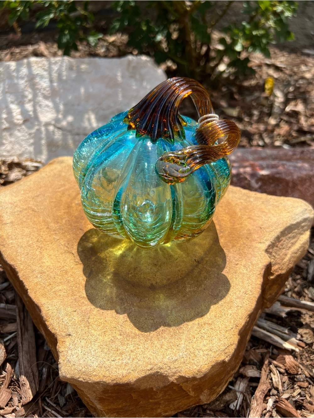 Pier 1 Handblown Glass Pumpkin - Blue Green with Amber Stem NWT - Picture 2 of 8